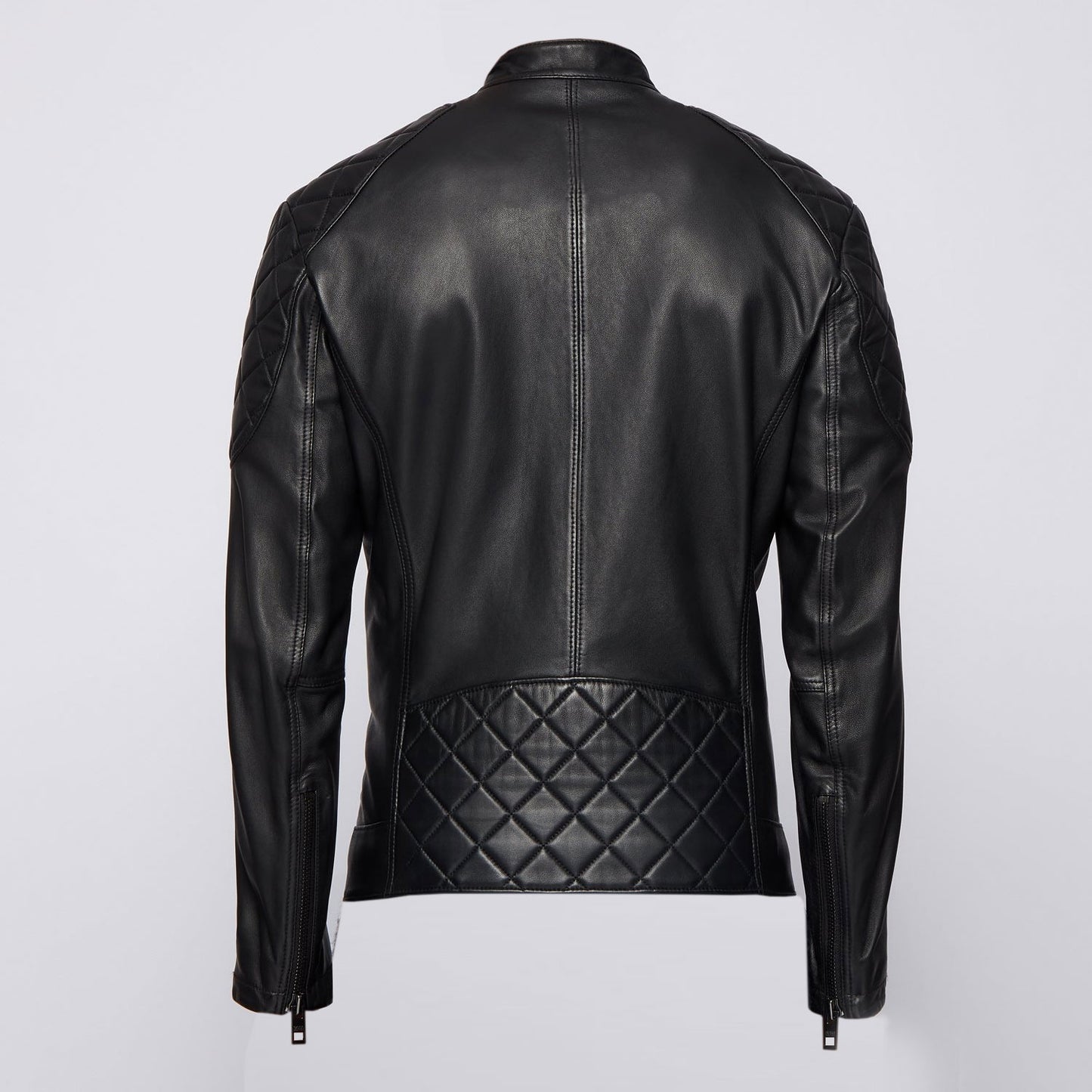 Men’s Black Leather Biker Jacket with Quilted Details