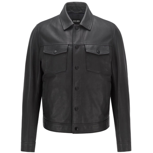 Men's Black Leather Trucker Jacket